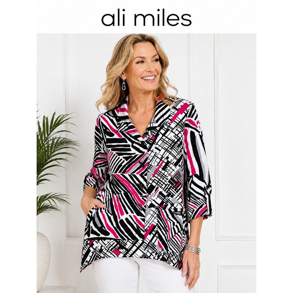 Ali Miles Abstract Zebra Print Jacket Top Pink Black White Size S